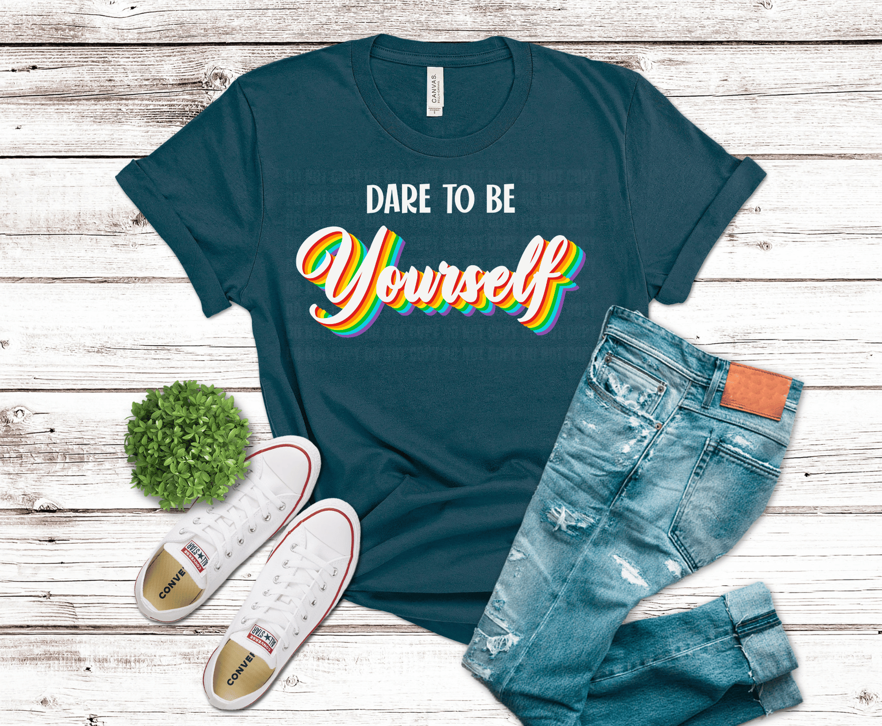 Dare to be yourself rainbow retro script typography design with bold colorful layered text