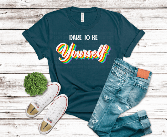 Dare to be yourself rainbow retro script typography design with bold colorful layered text