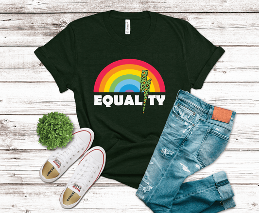 Rainbow arc with lightning bolt and subtle equality text representing pride unity and inclusive support design