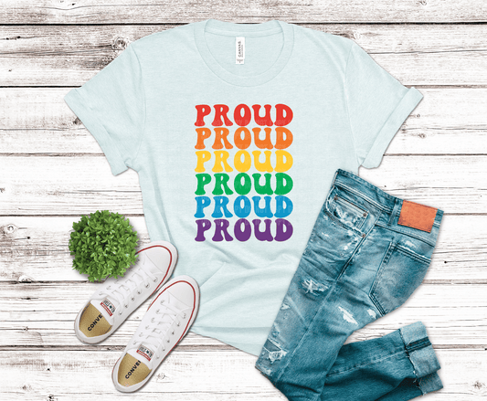 Stacked proud text in rainbow colors bold typography pride graphic design for identity and confidence