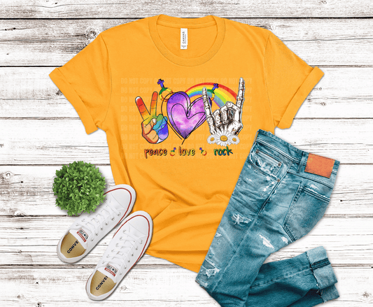 Rainbow hands peace love rock graphic with heart and pride colors vibrant artistic design