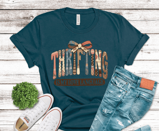 Thrifting is My Love Language retro colorful lettering with bow DTF transfer, ready to press heat transfer for thrift shopping t-shirts and apparel
