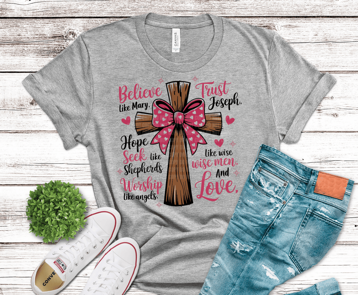 Christian wooden cross with pink bow and faith words Believe Trust Hope Seek Worship Love DTF transfer for religious shirts
