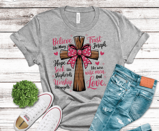 Christian wooden cross with pink bow and faith words Believe Trust Hope Seek Worship Love DTF transfer for religious shirts