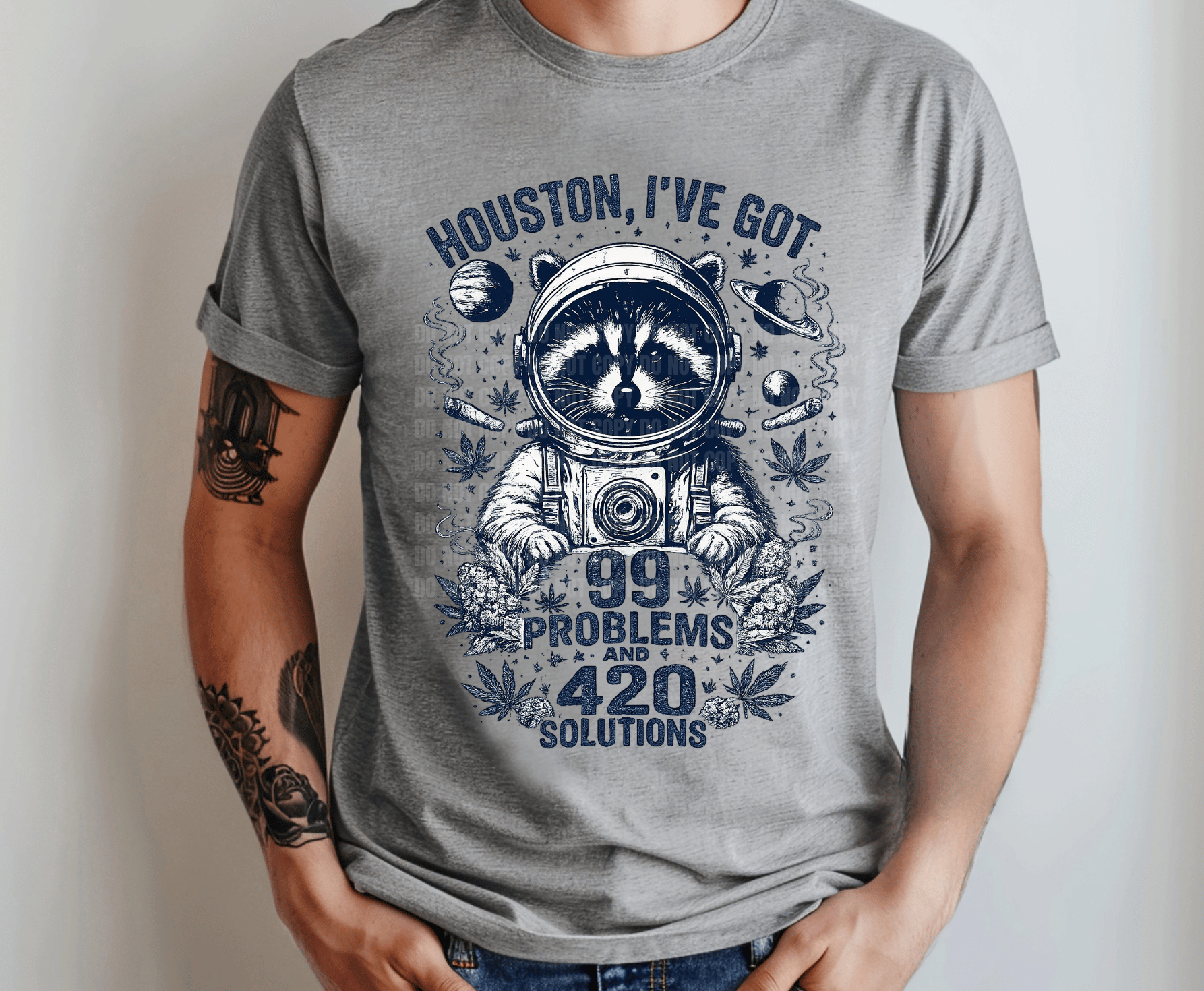 Houston I've Got 99 Problems and 420 Solutions raccoon astronaut cannabis DTF transfer for funny 420 t-shirts