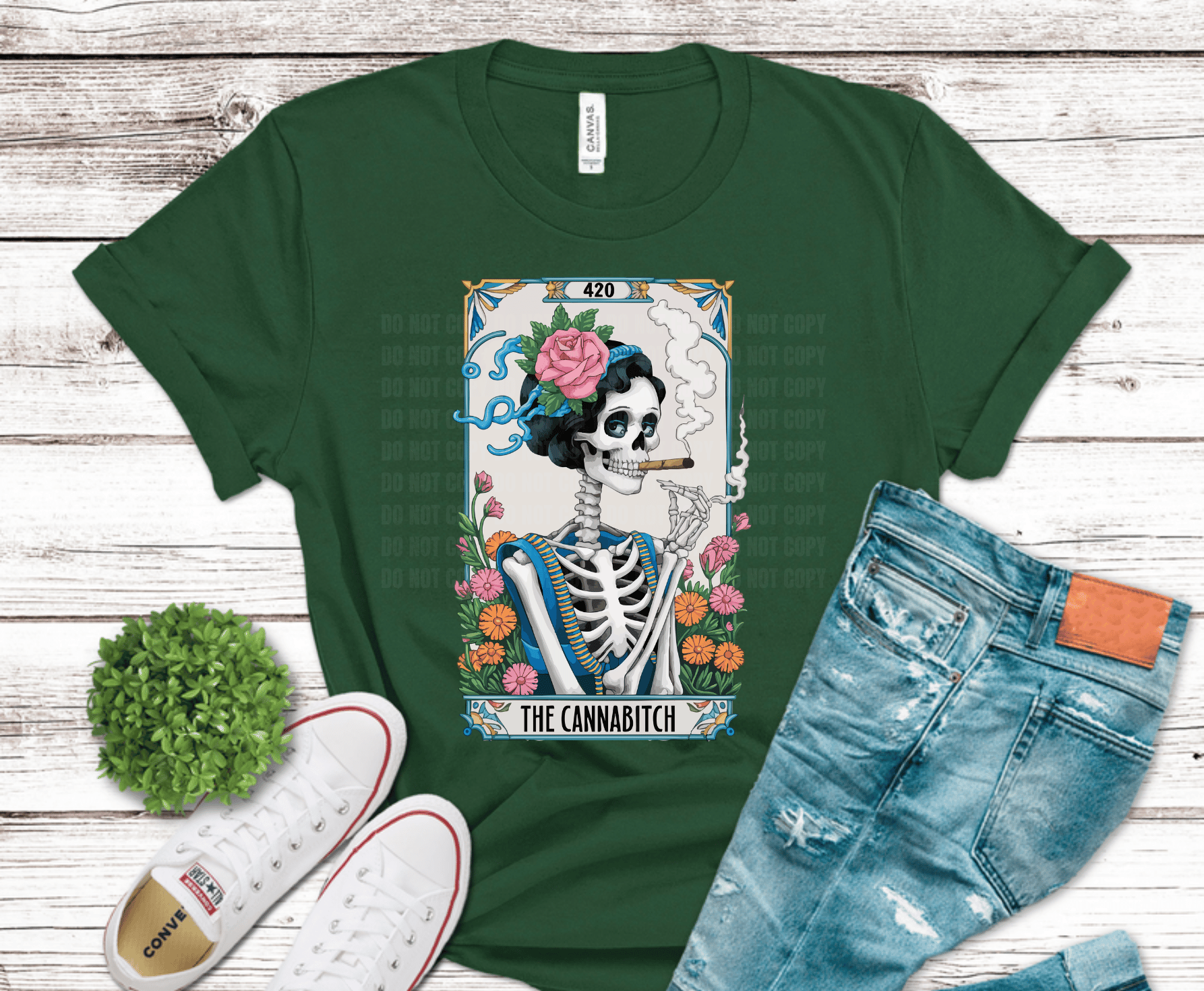 The Cannabitch skeleton with pink rose smoking joint surrounded by flowers DTF transfer for 420 humor shirts