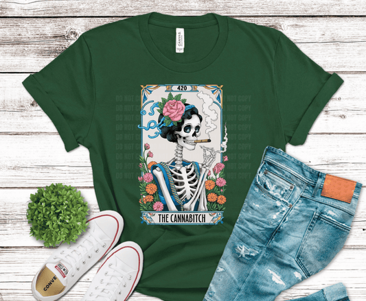 The Cannabitch skeleton with pink rose smoking joint surrounded by flowers DTF transfer for 420 humor shirts