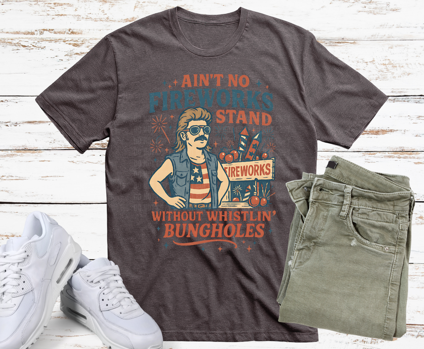 Ain't No Fireworks Stand Without Whistlin' Bungholes funny patriotic mullet guy with fireworks DTF transfer for humorous 4th of July shirts