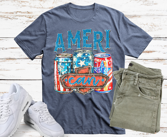 Ameri Can patriotic beer cans with American flag design DTF transfer, ready to press heat transfer for patriotic drinking shirts