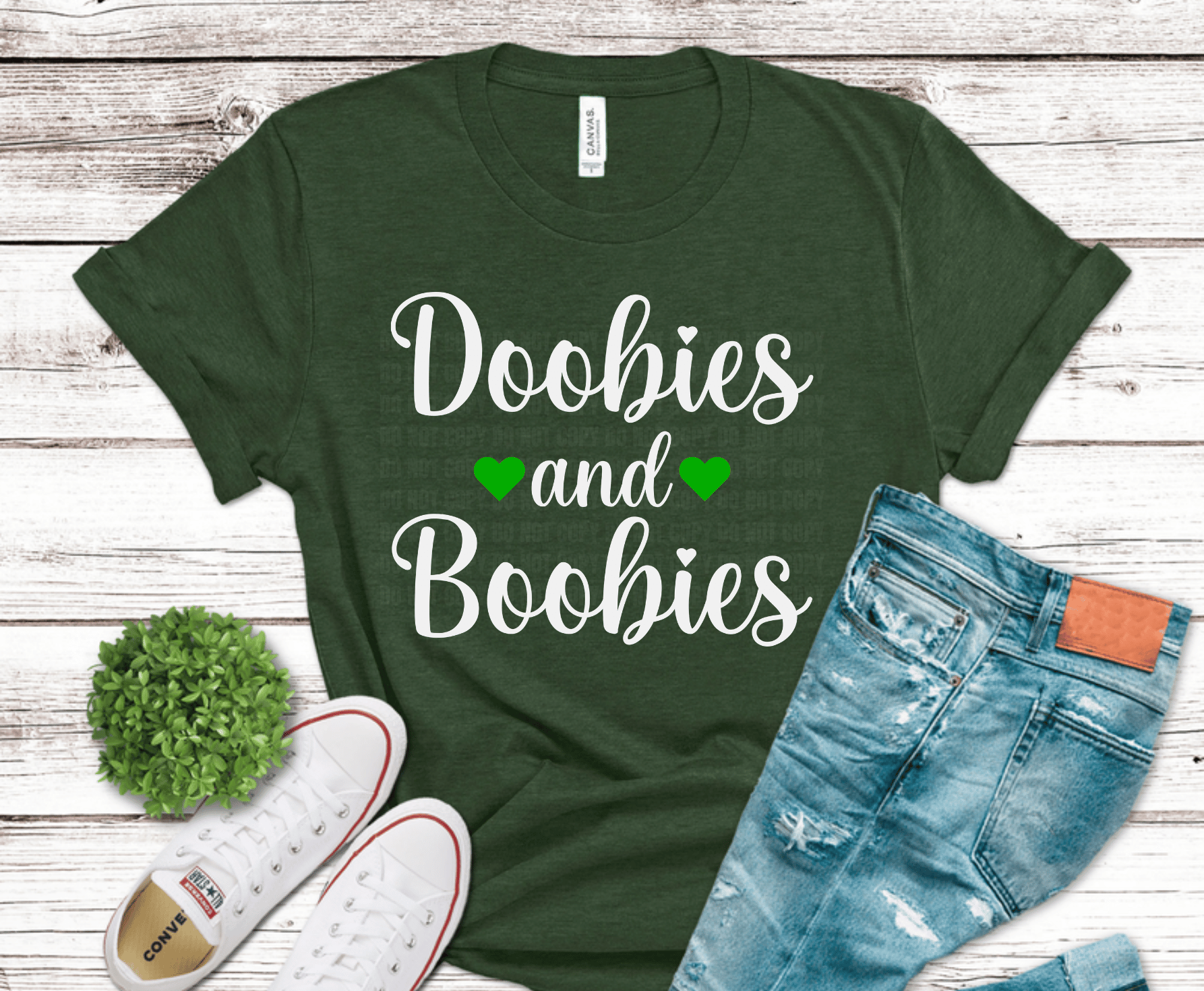 Doobies and Boobies funny 420 design with green hearts DTF transfer, ready to press heat transfer for humorous cannabis shirts