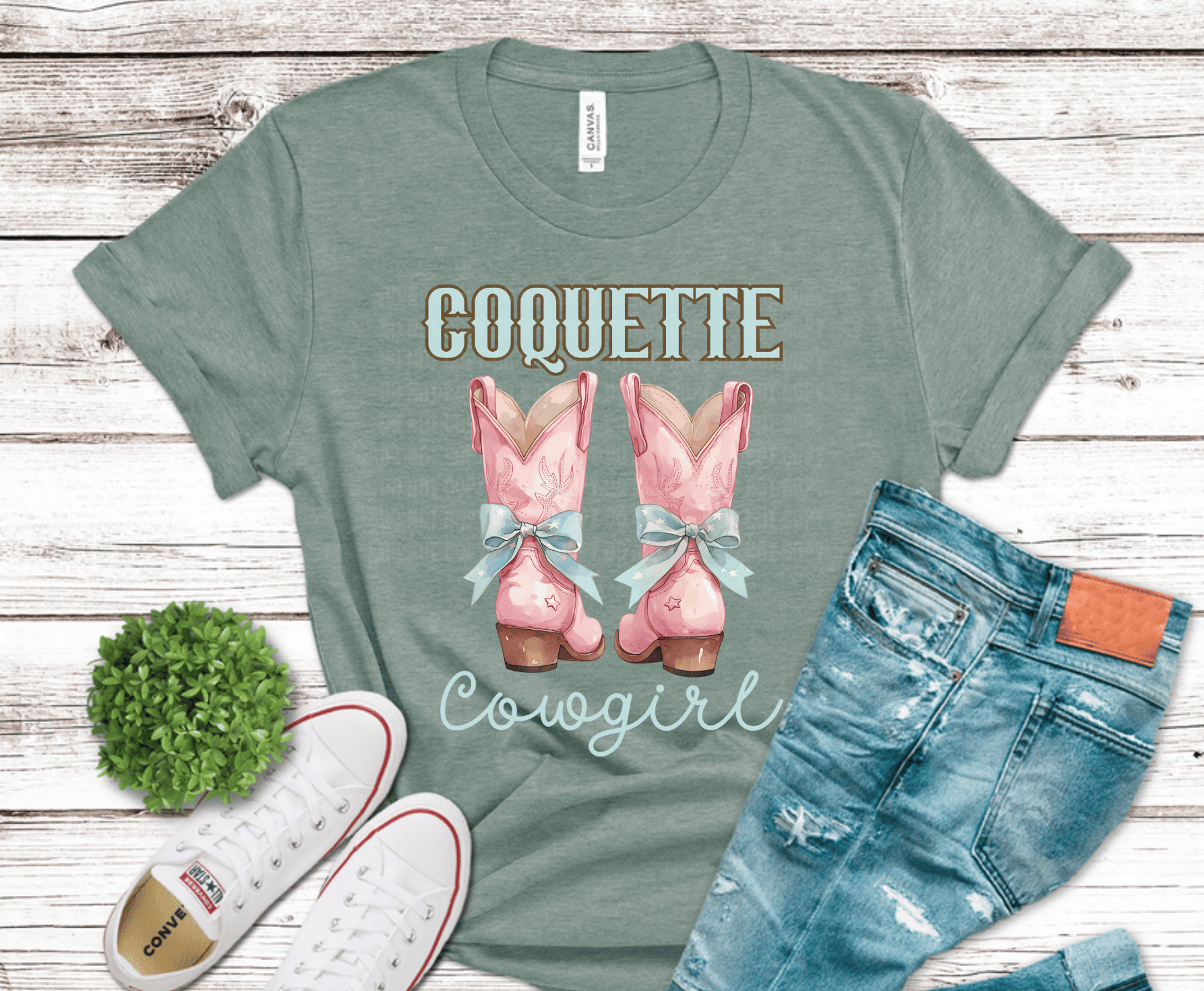 Coquette Cowgirl pink cowboy boots with blue bows DTF transfer, ready to press heat transfer for western cowgirl shirts