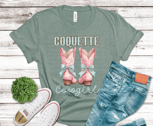 Coquette Cowgirl pink cowboy boots with blue bows DTF transfer, ready to press heat transfer for western cowgirl shirts