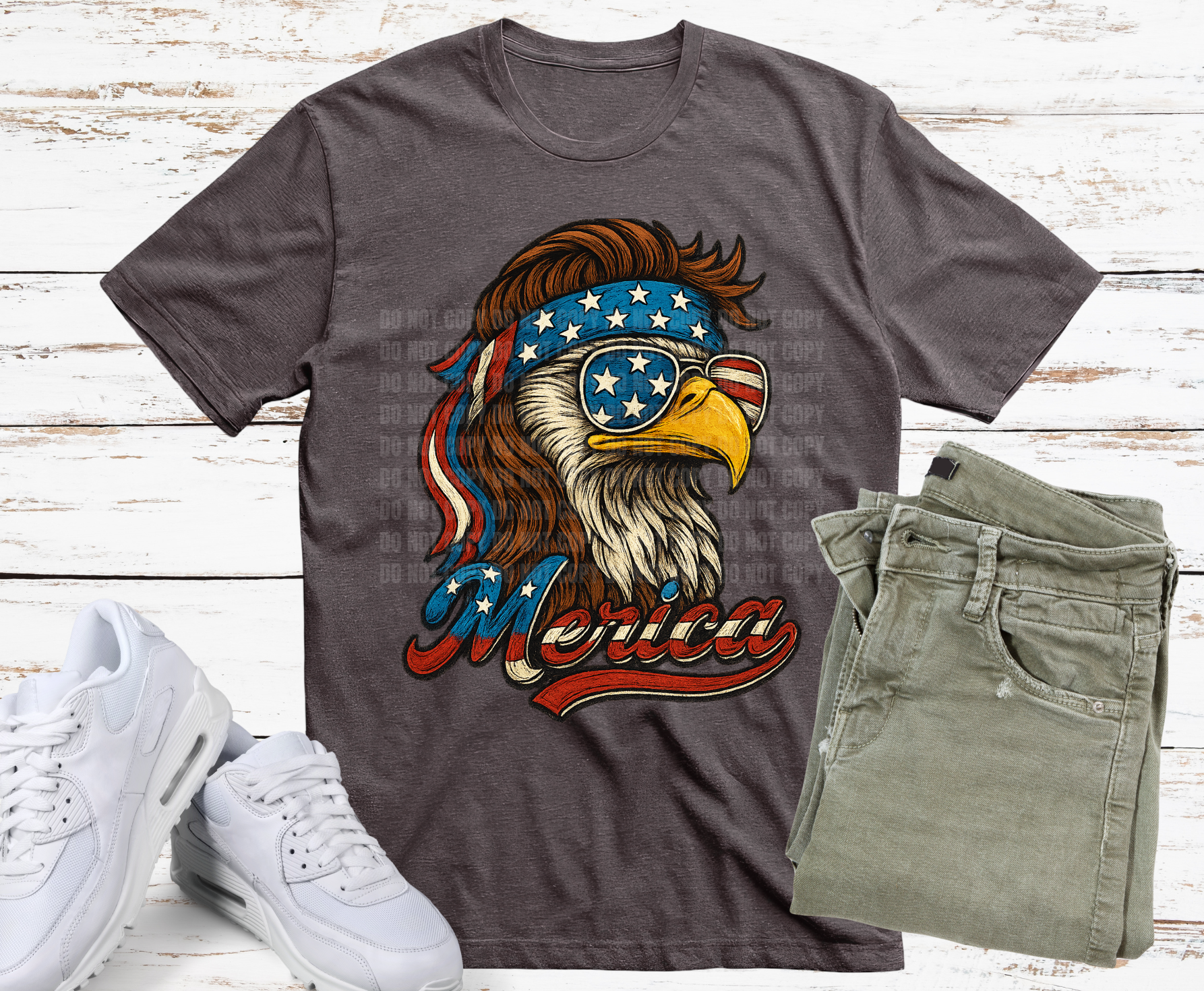 Cool Patriotic Eagle with American flag sunglasses and Merica lettering DTF transfer, ready to press heat transfer for patriotic shirts and apparel