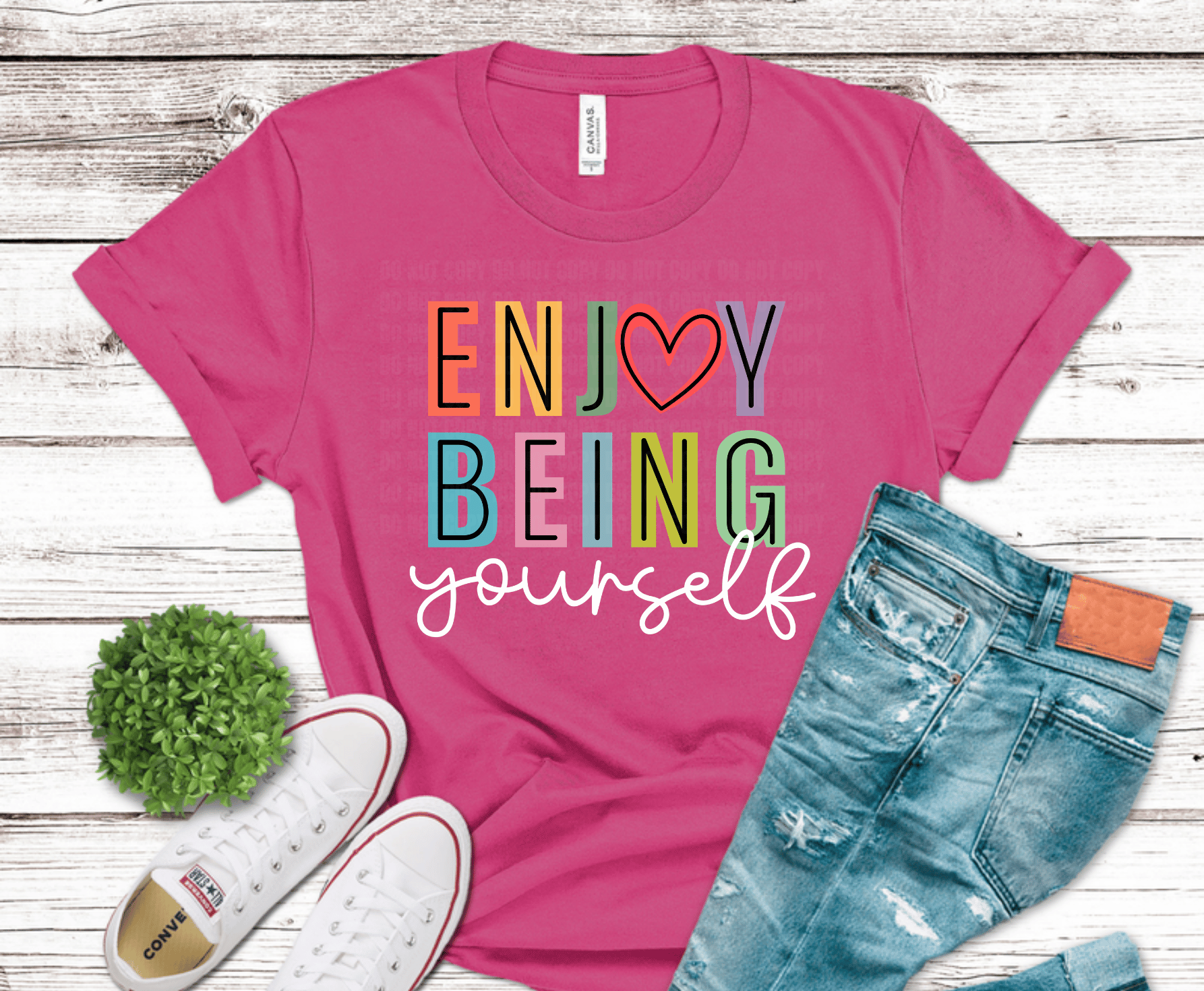 Enjoy Being Yourself colorful rainbow lettering with heart inspirational DTF transfer, ready to press heat transfer for positive shirts