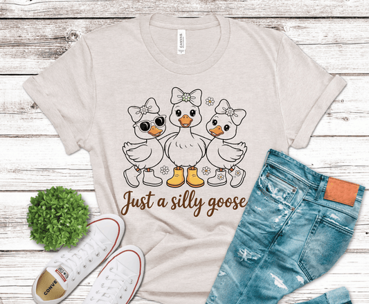 Just a Silly Goose funny coquette ducks with bows and boots DTF transfer, ready to press heat transfer for cute animal shirts