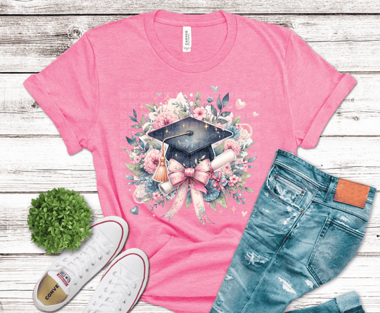 Floral graduation cap with pink bow and flowers DTF transfer, ready to press heat transfer for graduation and senior shirts