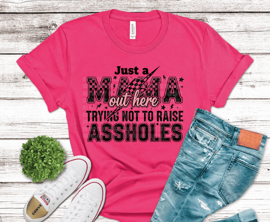 Just a Mama Out Here Trying Not to Raise Assholes sarcastic DTF transfer with checkered lightning, ready to press heat transfer for mom shirts