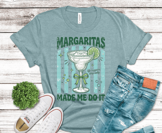Margaritas Made Me Do It funny margarita glass with bow DTF transfer, ready to press heat transfer for drinking shirts