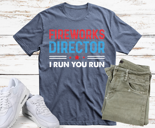 Fireworks Director patriotic red blue lettering with stars DTF transfer, ready to press heat transfer for holiday shirts