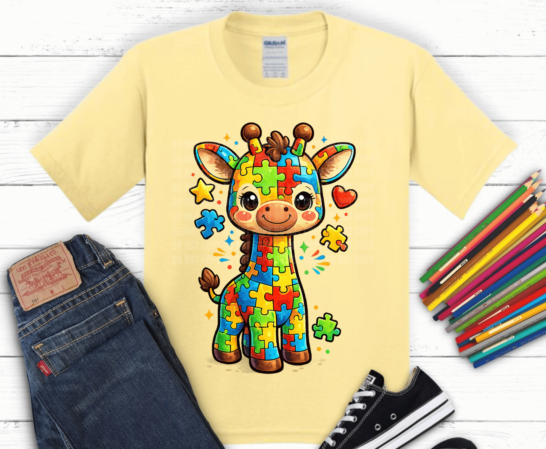 Puzzle Giraffe autism awareness colorful puzzle pieces DTF transfer, ready to press heat transfer for awareness shirts