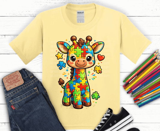 Puzzle Giraffe autism awareness colorful puzzle pieces DTF transfer, ready to press heat transfer for awareness shirts