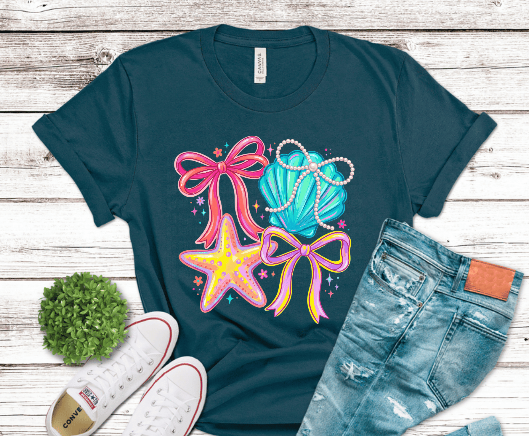 Coquette seashell starfish with colorful bows and pearls DTF transfer, ready to press heat transfer for summer shirts