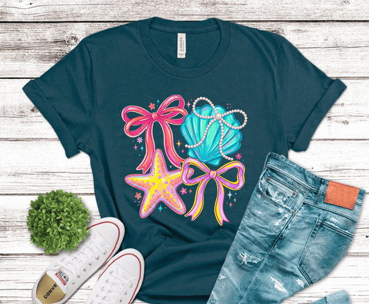 Coquette seashell starfish with colorful bows and pearls DTF transfer, ready to press heat transfer for summer shirts