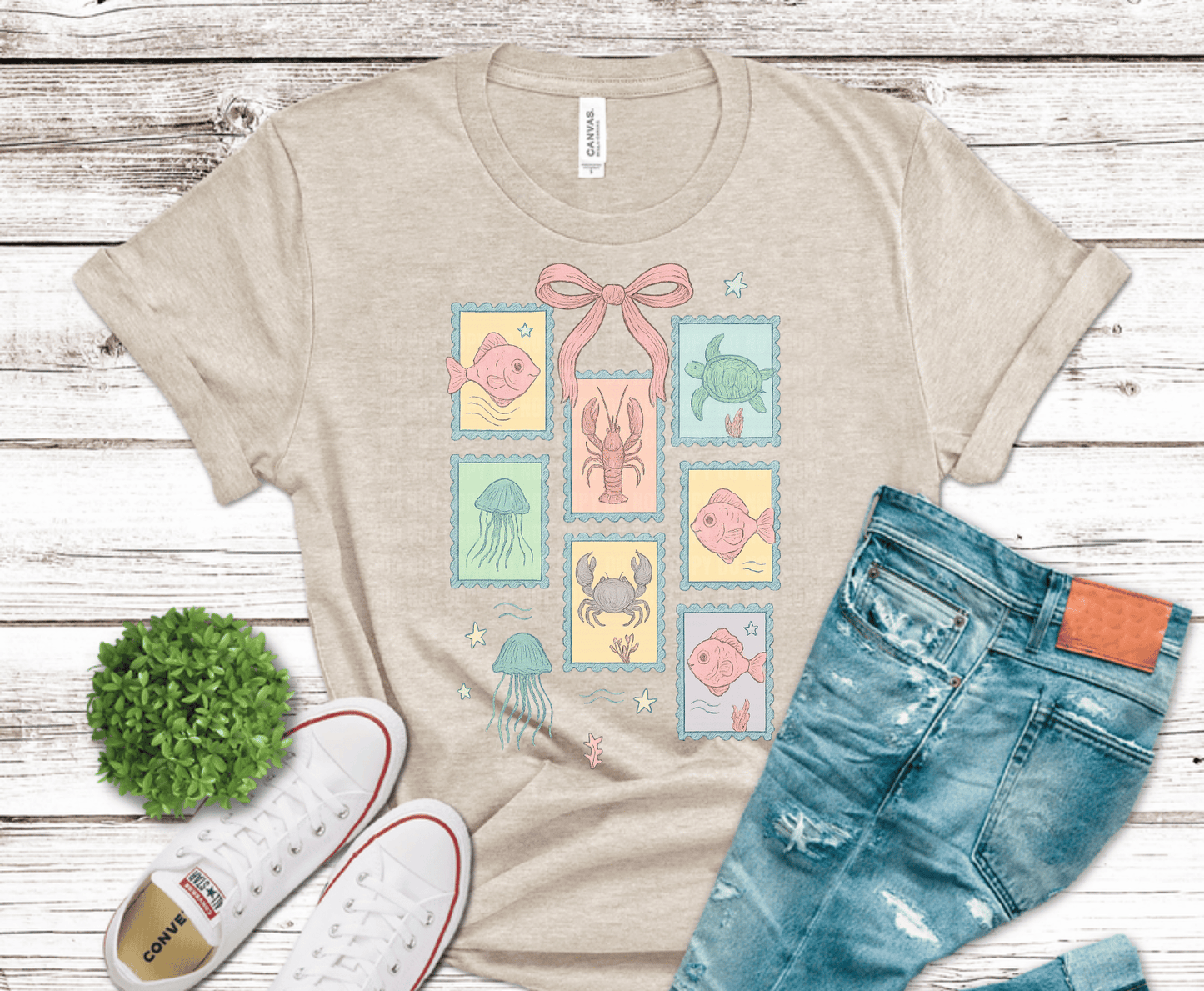 Summer sea creatures stamp DTF transfer with fish turtle lobster jellyfish crab and pink bow, ready to press heat transfer for ocean apparel