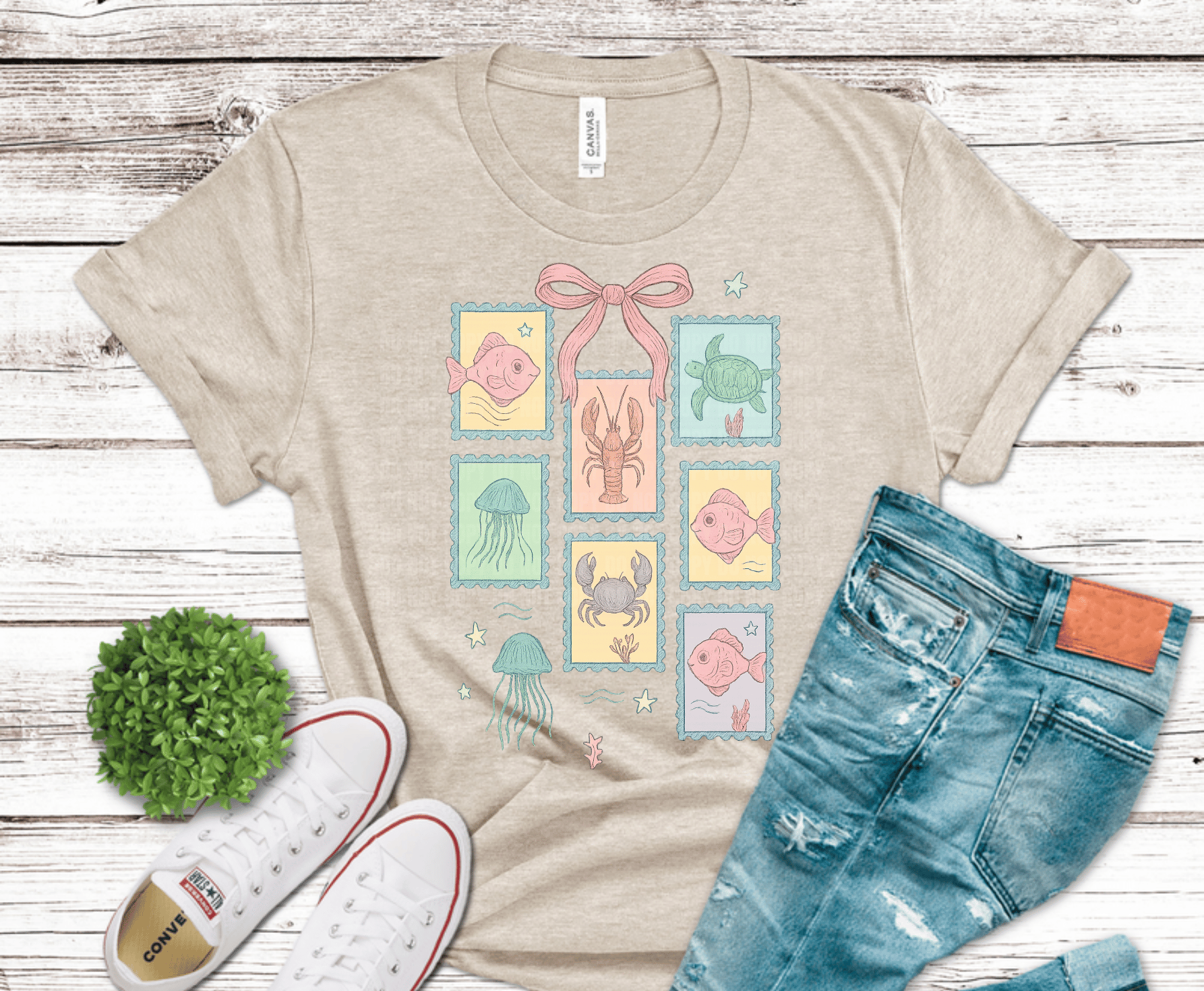 Summer sea creatures stamp DTF transfer with fish turtle lobster jellyfish crab and pink bow, ready to press heat transfer for ocean apparel