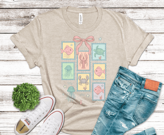 Summer sea creatures stamp DTF transfer with fish turtle lobster jellyfish crab and pink bow, ready to press heat transfer for ocean apparel