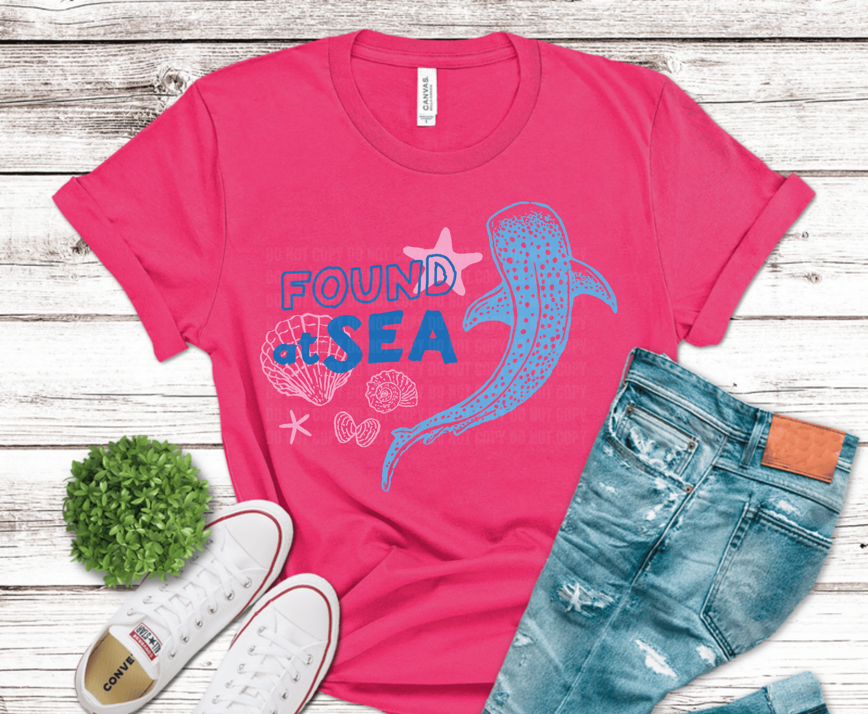 Found at Sea blue whale shark with starfish and seashells DTF transfer, ready to press heat transfer for summer beach shirts