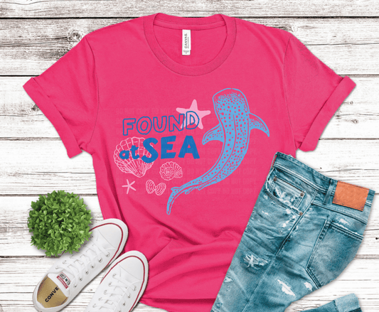 Found at Sea blue whale shark with starfish and seashells DTF transfer, ready to press heat transfer for summer beach shirts