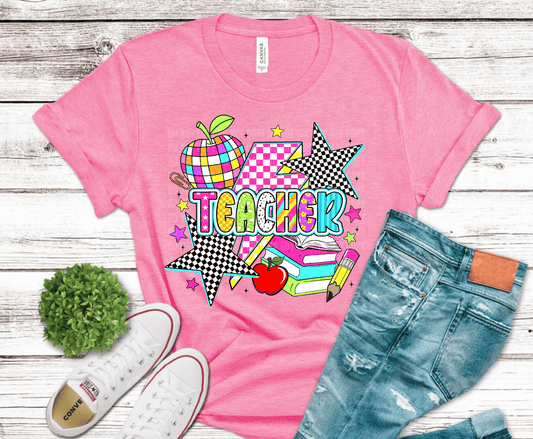 Teacher retro checkerboard with apple books pencil and stars DTF transfer, ready to press heat transfer for school shirts