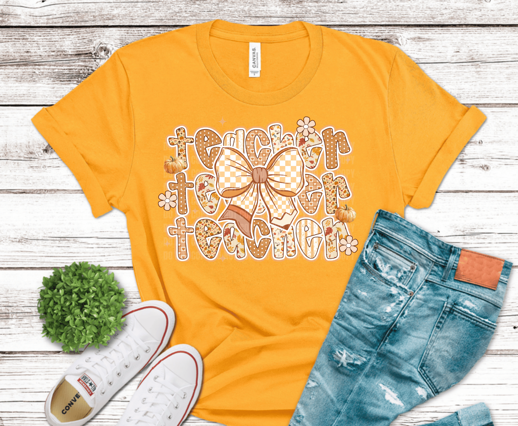 Teacher gingham bow with pumpkins and flowers fall DTF transfer, ready to press heat transfer for educator shirts