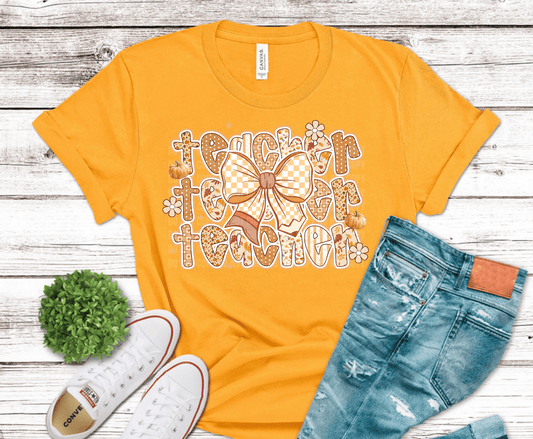 Teacher gingham bow with pumpkins and flowers fall DTF transfer, ready to press heat transfer for educator shirts