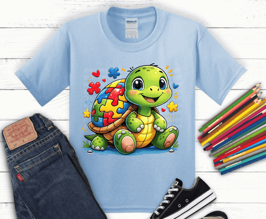 Autism awareness turtle with colorful puzzle shell and hearts DTF transfer, ready to press heat transfer for awareness shirts