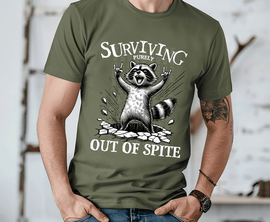 Surviving Out of Spite funny raccoon DTF transfer, ready to press heat transfer for sarcastic humor shirts