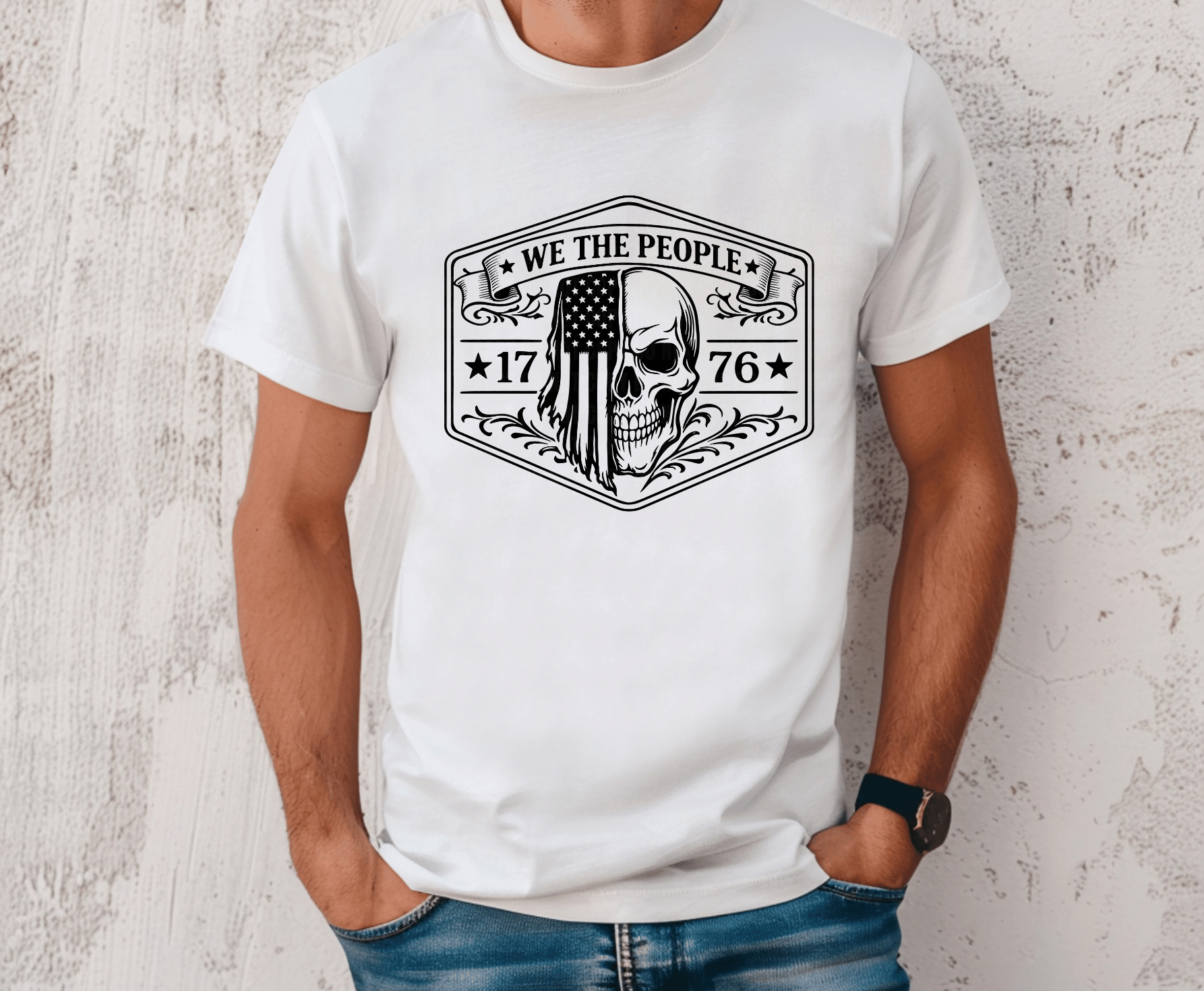 We the People skull with American flag and 1776 DTF transfer, ready to press heat transfer for patriotic shirts