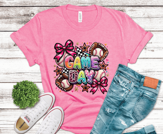 Game Day colorful baseball softball with pink bow DTF transfer, ready to press heat transfer for sports shirts