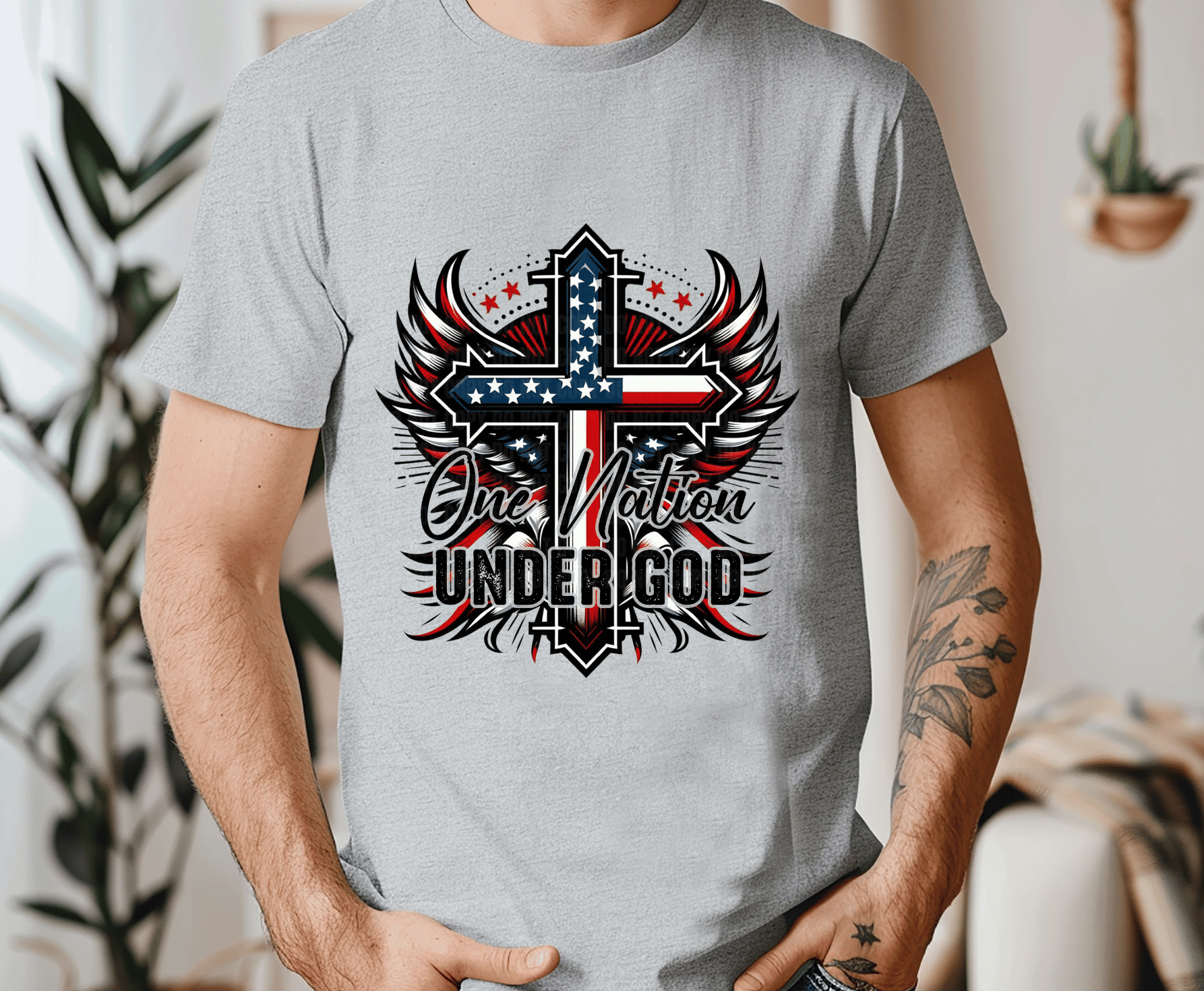 God Bless America American flag cross with wings DTF transfer, ready to press heat transfer for patriotic shirts