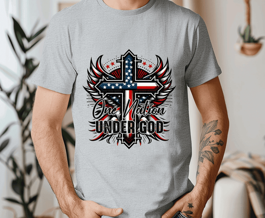 God Bless America American flag cross with wings DTF transfer, ready to press heat transfer for patriotic shirts