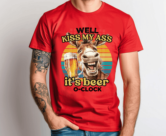 Kiss My Ass It's Beer O'Clock funny donkey with beer glass DTF transfer, ready to press heat transfer for drinking humor shirts