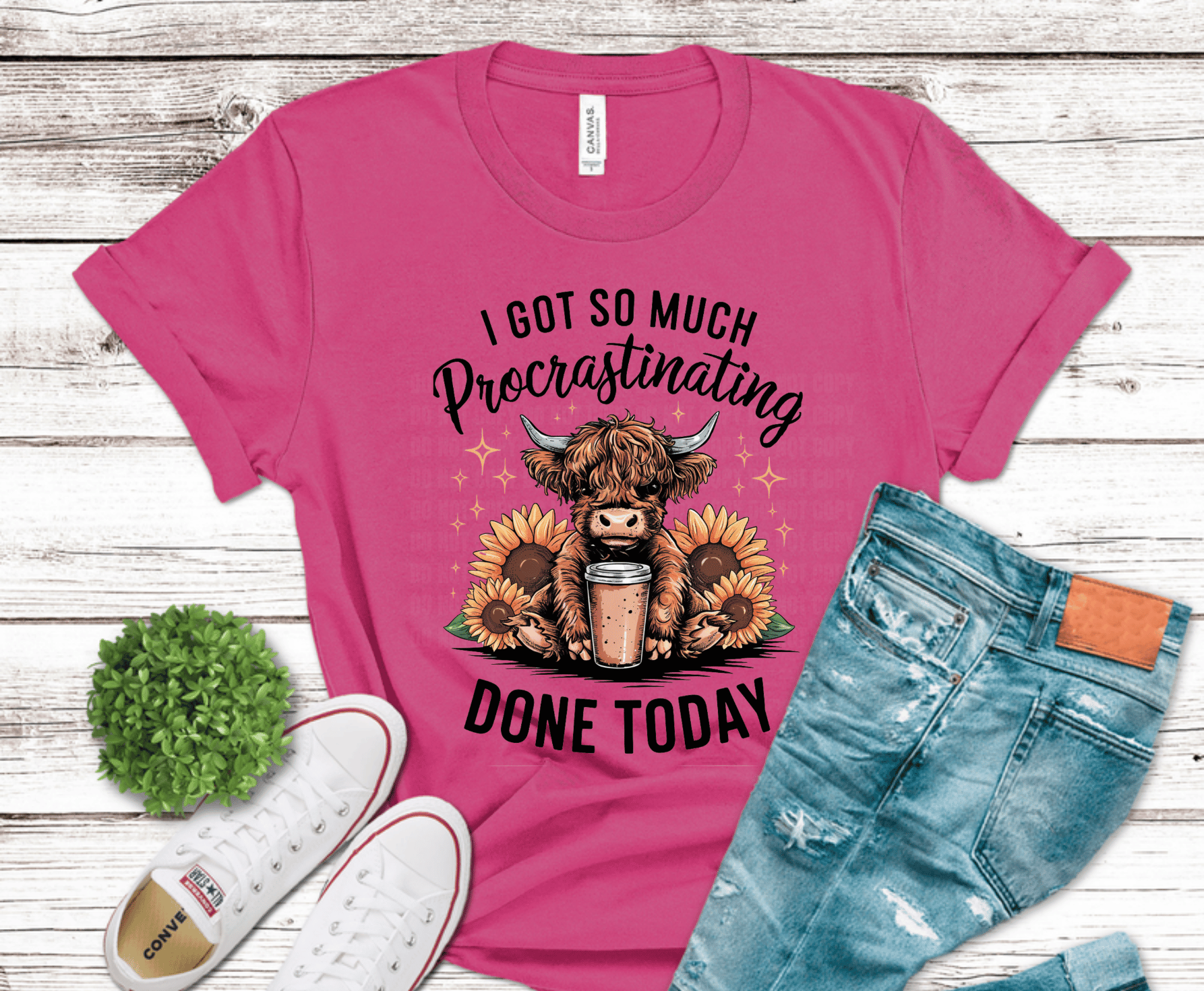 Procrastinating Highland Cow with coffee mug I Got So Much Procrastinating Done Today DTF transfer, ready to press heat transfer for funny shirts