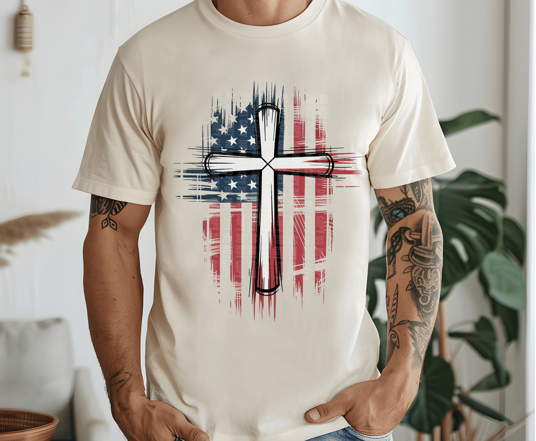 God Bless America American flag cross DTF transfer, ready to press heat transfer for patriotic religious shirts