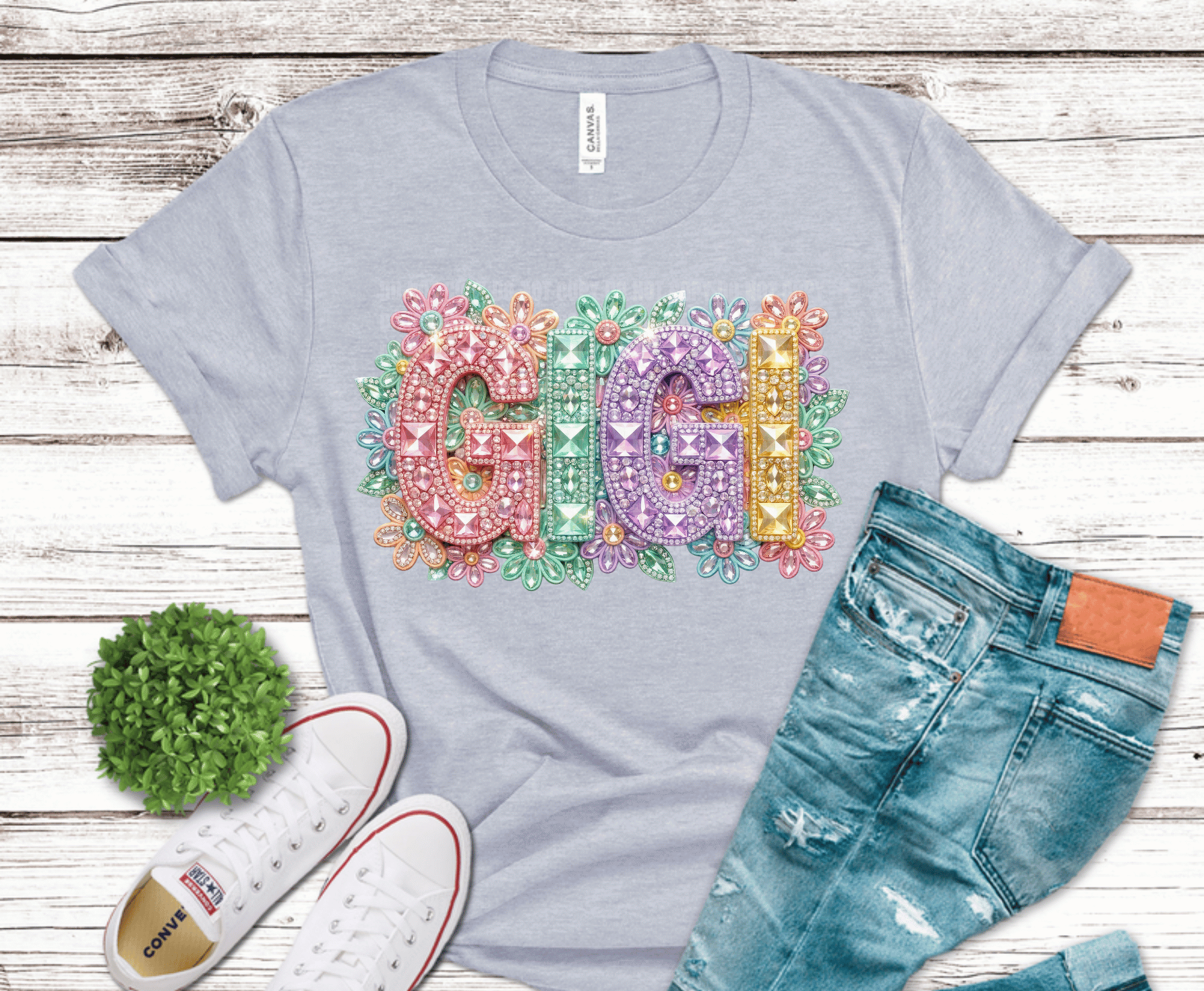 Gigi colorful floral lettering grandma DTF transfer, ready to press heat transfer for gigi shirts