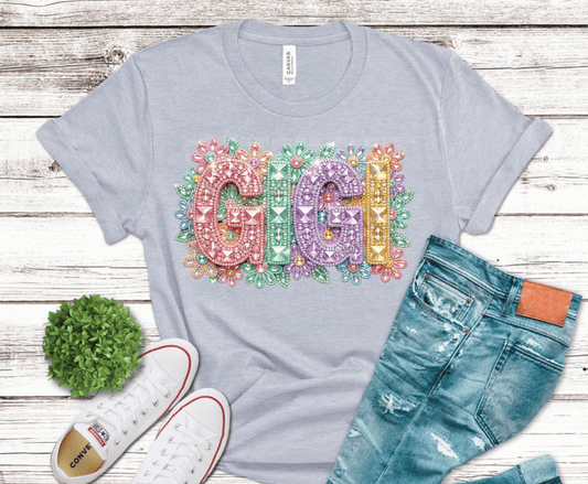 Gigi colorful floral lettering grandma DTF transfer, ready to press heat transfer for gigi shirts