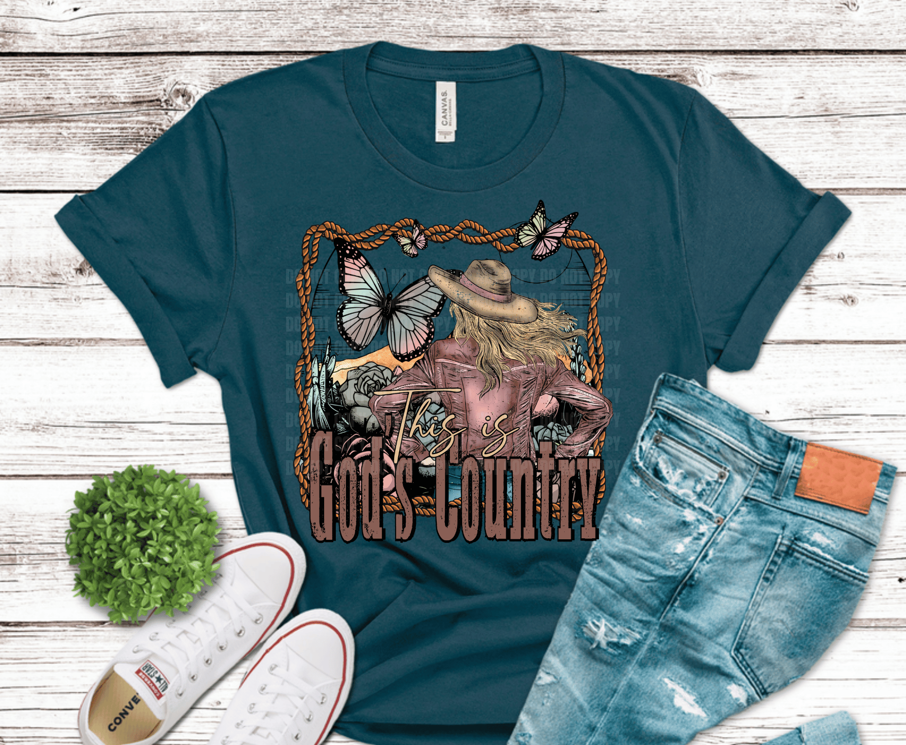 God's Country cowgirl with hat and butterflies western DTF transfer, ready to press heat transfer for country shirts