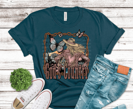 God's Country cowgirl with hat and butterflies western DTF transfer, ready to press heat transfer for country shirts