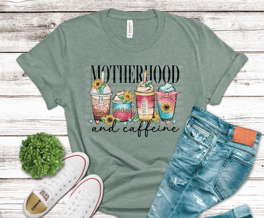 Motherhood and Caffeine colorful coffee cups with sunflowers DTF transfer, ready to press heat transfer for mom shirts
