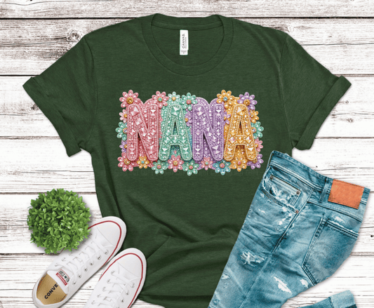 Nana colorful floral lettering DTF transfer, ready to press heat transfer for nana shirts